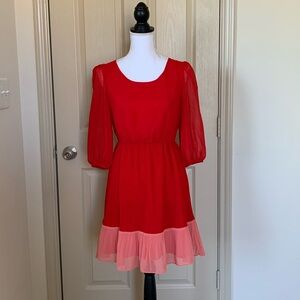Red and coral forever 21 pleated chiffon 3/4 sleeve dress size small